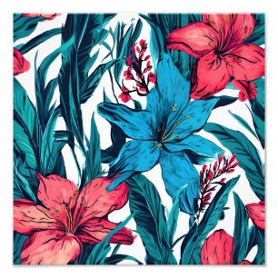 Pink and Blue Flowers on White Photo Print