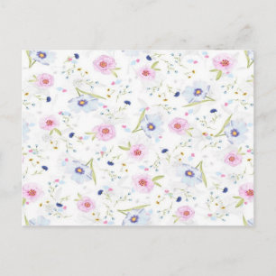 Pink and blue flowers on white postcard