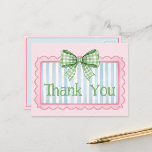 Pink and Blue Frame Green Gingham Bow Thank You Postcard