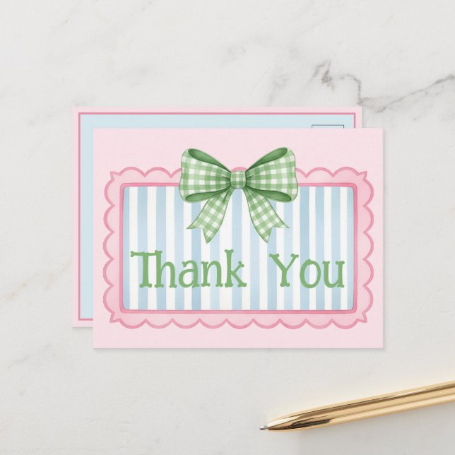 Pink and Blue Frame Green Gingham Bow Thank You Postcard (Front/Back In Situ)