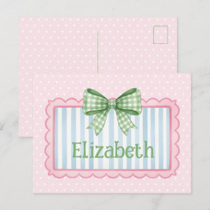 Pink and Blue Frame With Green Gingham Bow Postcard