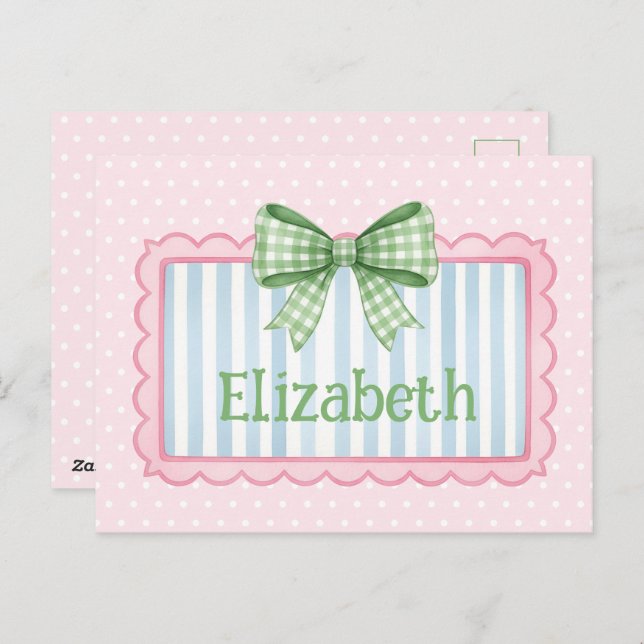 Pink and Blue Frame With Green Gingham Bow Postcard (Front/Back)