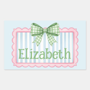 Pink and Blue Frame With Green Gingham Bow Rectangular Sticker
