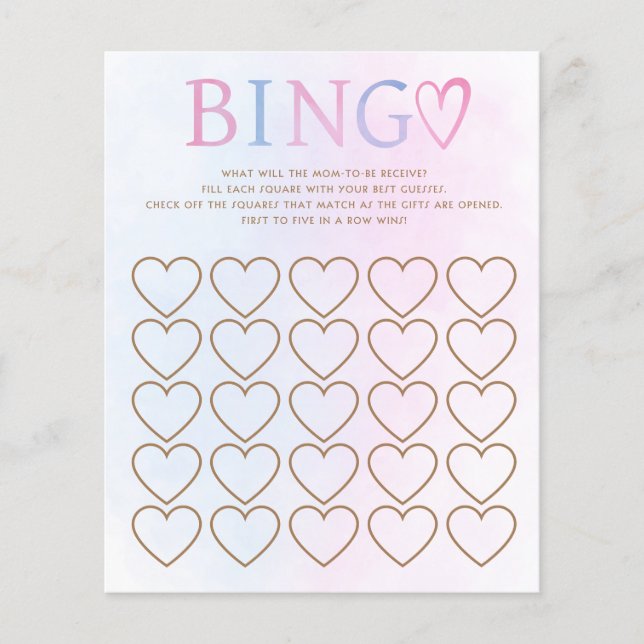 Pink and Blue Gender Reveal Baby Shower Bingo Game (Front)