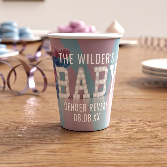 Pink and Blue Gender Reveal Paper Cups (Pink and blue gender reveal party paper cup just for you. Add your name)