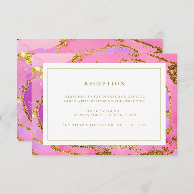 Pink and Blue Geode and Gold | Wedding Reception Invitation (Front/Back)