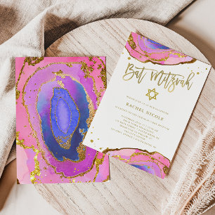 Pink and Blue Geode with Gold Bat Mitzvah Invitation