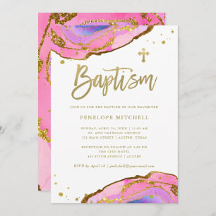Pink and Blue Geode with Gold Cross   Baptism Invitation
