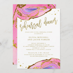 Pink and Blue Geode with Gold Rehearsal Dinner Invitation