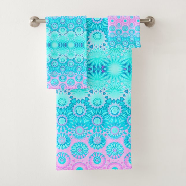 Pink and Blue Geometric Flowers Bath Towel Set (Insitu)