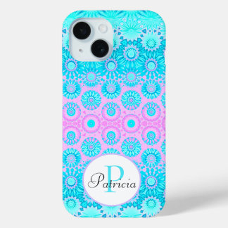 Pink and Blue Geometric Flowers Custom Monogram iPhone 15 Case