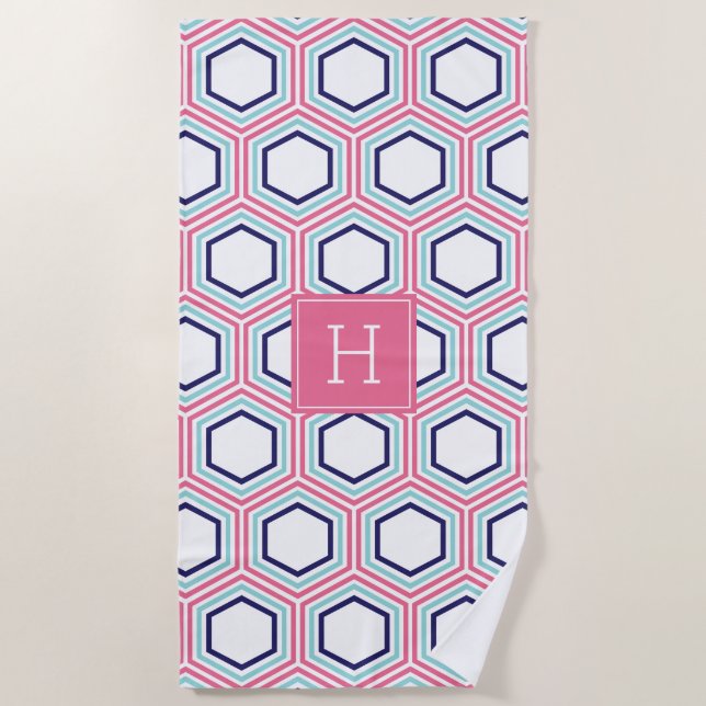 Pink and Blue Geometric Pattern and Monogram Beach Towel (Front)