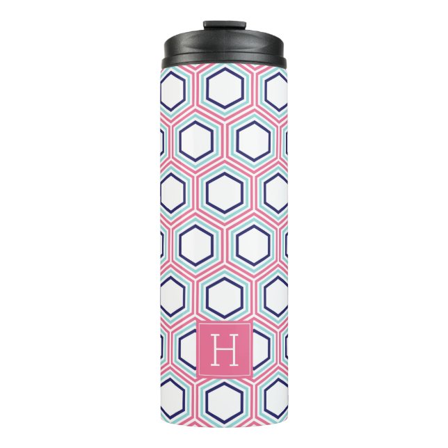 Pink and Blue Geometric Pattern and Monogram Thermal Tumbler (Front)