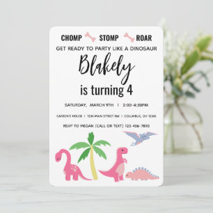 Pink and Blue Girl Dinosaur Birthday Invitation