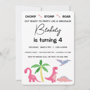Pink and Blue Girl Dinosaur Birthday Invitation