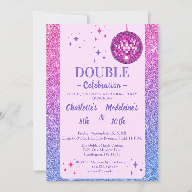 Pink and Blue Glitter Disco Joint Birthday Invitation (Front)
