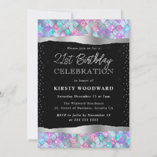 Pink and Blue Glitter Mermaid Scales 21st Birthday Invitation