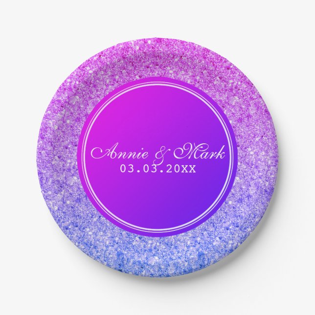 Pink And Blue Glitter- Save The Date Paper Plate (Front)