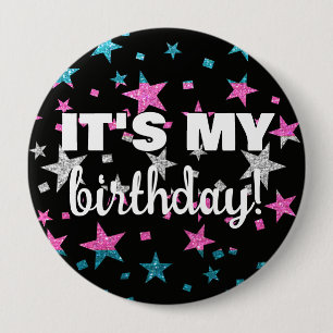 Pink and Blue Glitter Trans Stars It's My Birthday 10 Cm Round Badge