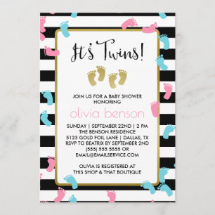 Pink and Blue Gold Footprints Twins Baby Shower Invitation