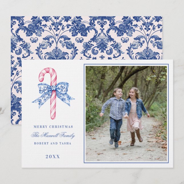 Pink and Blue Grandmillennial Candy Cane Photo Invitation (Front/Back)
