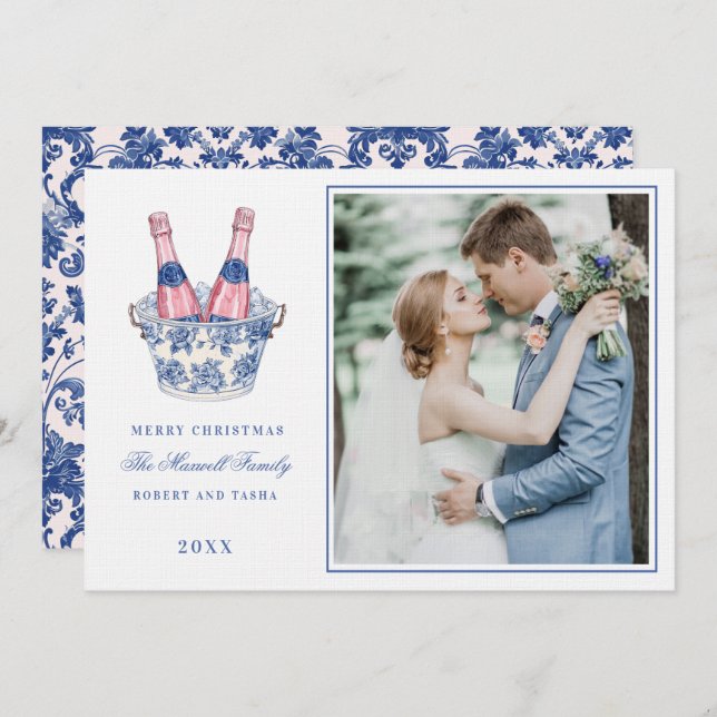 Pink and Blue Grandmillennial Champagne Wedding Invitation (Front/Back)