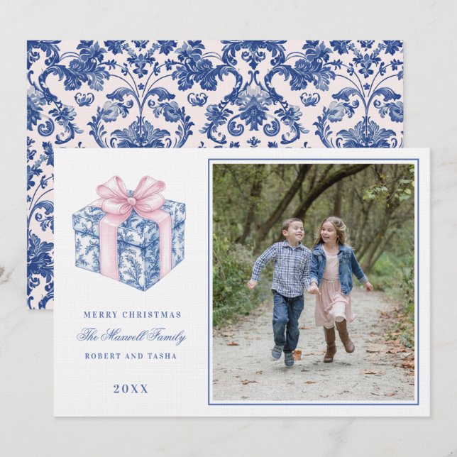 Pink and Blue Grandmillennial Christmas Gift Photo Invitation (Front/Back)