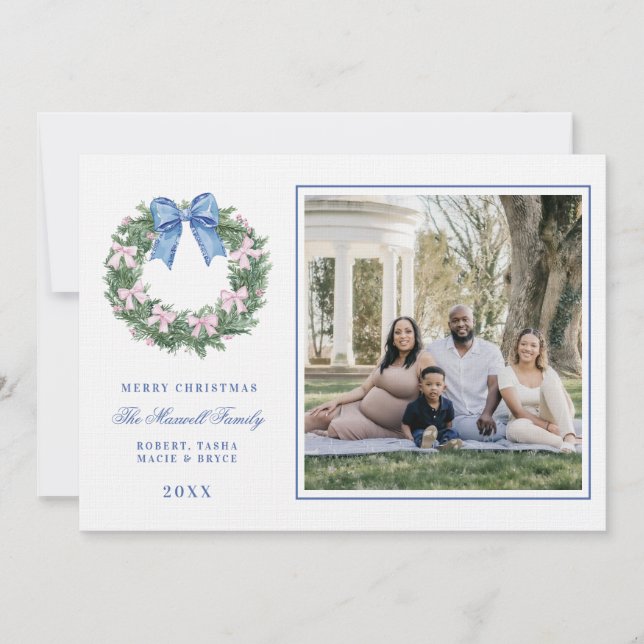 Pink and Blue Grandmillennial Christmas Wreath Invitation (Front)