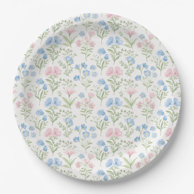 Pink and Blue Grandmillennial Floral Paper Plate (Front)