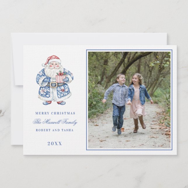 Pink and Blue Grandmillennial Santa Photo Invitation (Front)