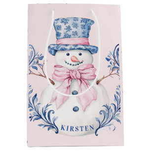 Pink and Blue Grandmillennial Snowman Medium Gift Bag