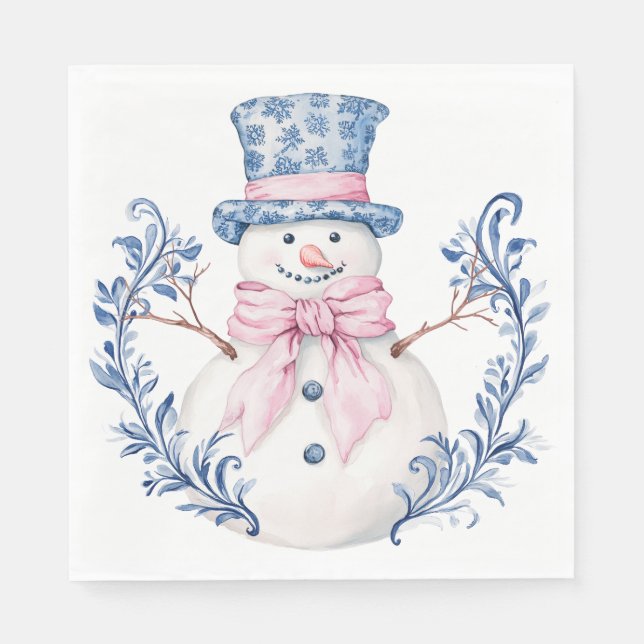 Pink and Blue Grandmillennial Snowman Napkin (Front)