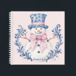 Pink and Blue Grandmillennial Snowman Notebook<br><div class="desc">This Christmas design has a preppy grandmillennial design featuring a Snowman with a blue hat and a pink bow. You can personalise with a name.</div>