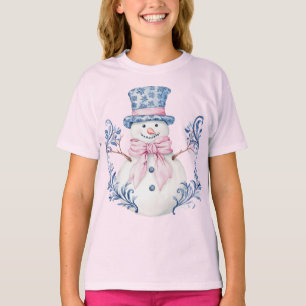 Pink and Blue Grandmillennial Snowman T-Shirt