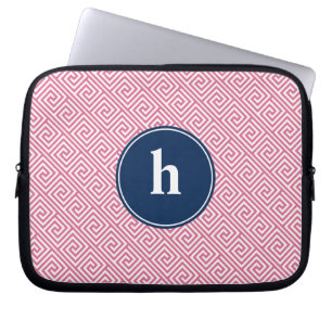 Pink and Blue Greek Key Pattern Monogram Laptop Sleeve