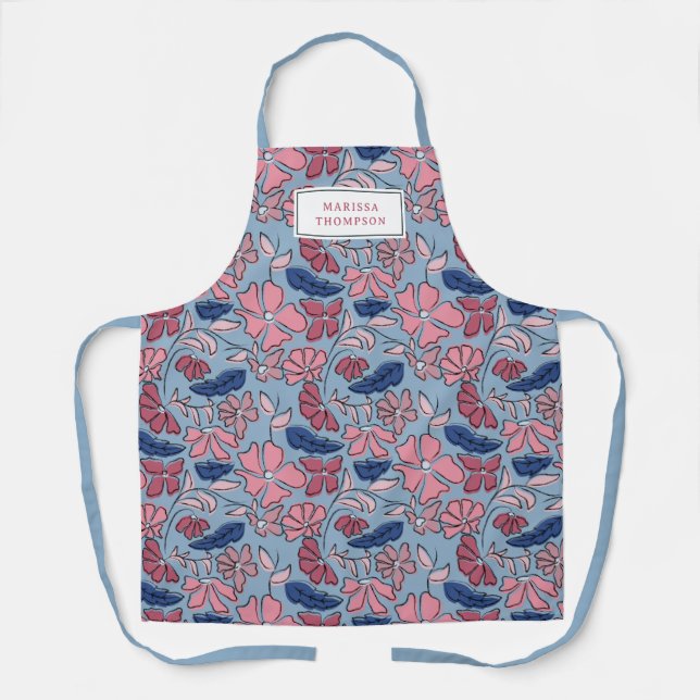 Pink and Blue Hand Drawn Floral Block Print Apron (Front)