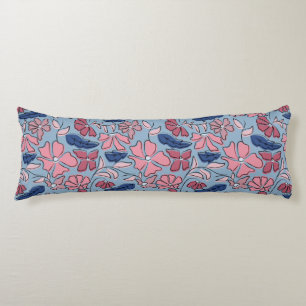 Pink and Blue Hand Drawn Floral Block Print Body Cushion
