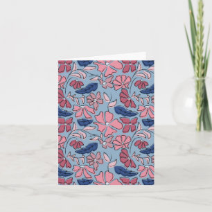 Pink and Blue Hand Drawn Floral Block Print Card