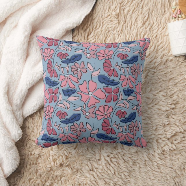 Pink and Blue Hand Drawn Floral Block Print Cushion (Blanket)