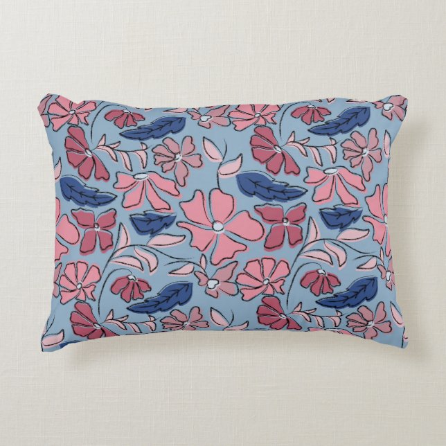 Pink and Blue Hand Drawn Floral Block Print Decorative Cushion (Front)