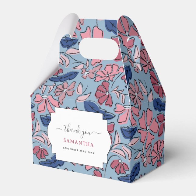 Pink and Blue Hand Drawn Floral Block Print Favour Box (Front Side)
