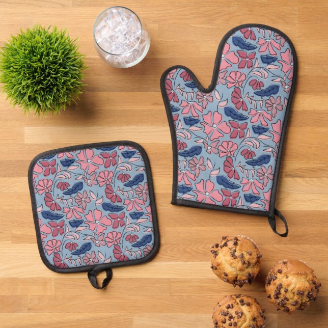 Pink and Blue Hand Drawn Floral Block Print Oven Mitt & Pot Holder Set (Top Down)