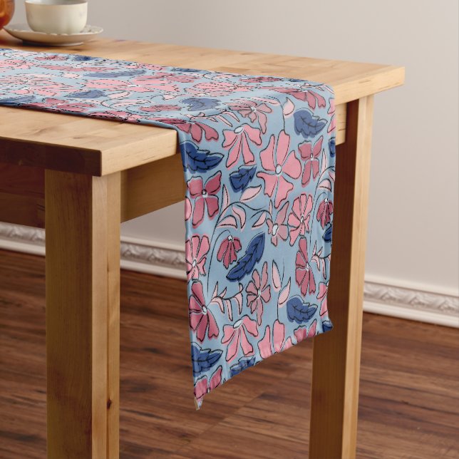 Pink and Blue Hand Drawn Floral Block Print Short Table Runner (In Situ)
