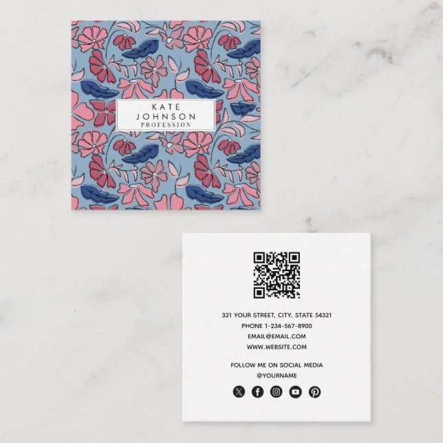 Pink and Blue Hand Drawn Floral Block Print Square Business Card (Front/Back)
