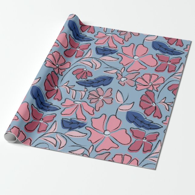 Pink and Blue Hand Drawn Floral Block Print Wrapping Paper (Unrolled)