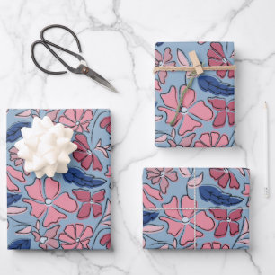 Pink and Blue Hand Drawn Floral Block Print Wrapping Paper Sheet