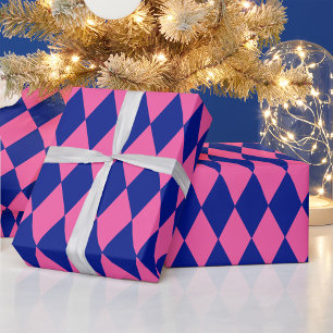 Pink and Blue Harlequin Checkered Design Wrapping Paper