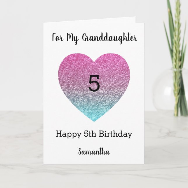 Pink and Blue Heart Glitter 5th Birthday Card (Front)