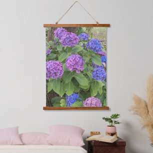 Pink and Blue Hydrangea Blooms Floral Hanging Tapestry