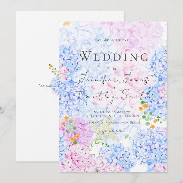 pink and blue hydrangea wedding invitation  (Front/Back)